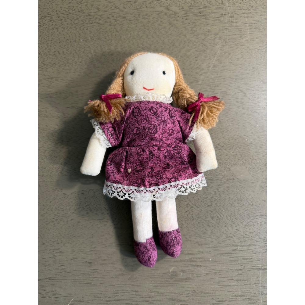 Handmade Cloth Rag Doll Purple Floral Lace Dress Yarn Hair Pigtails 7.5 Inch
